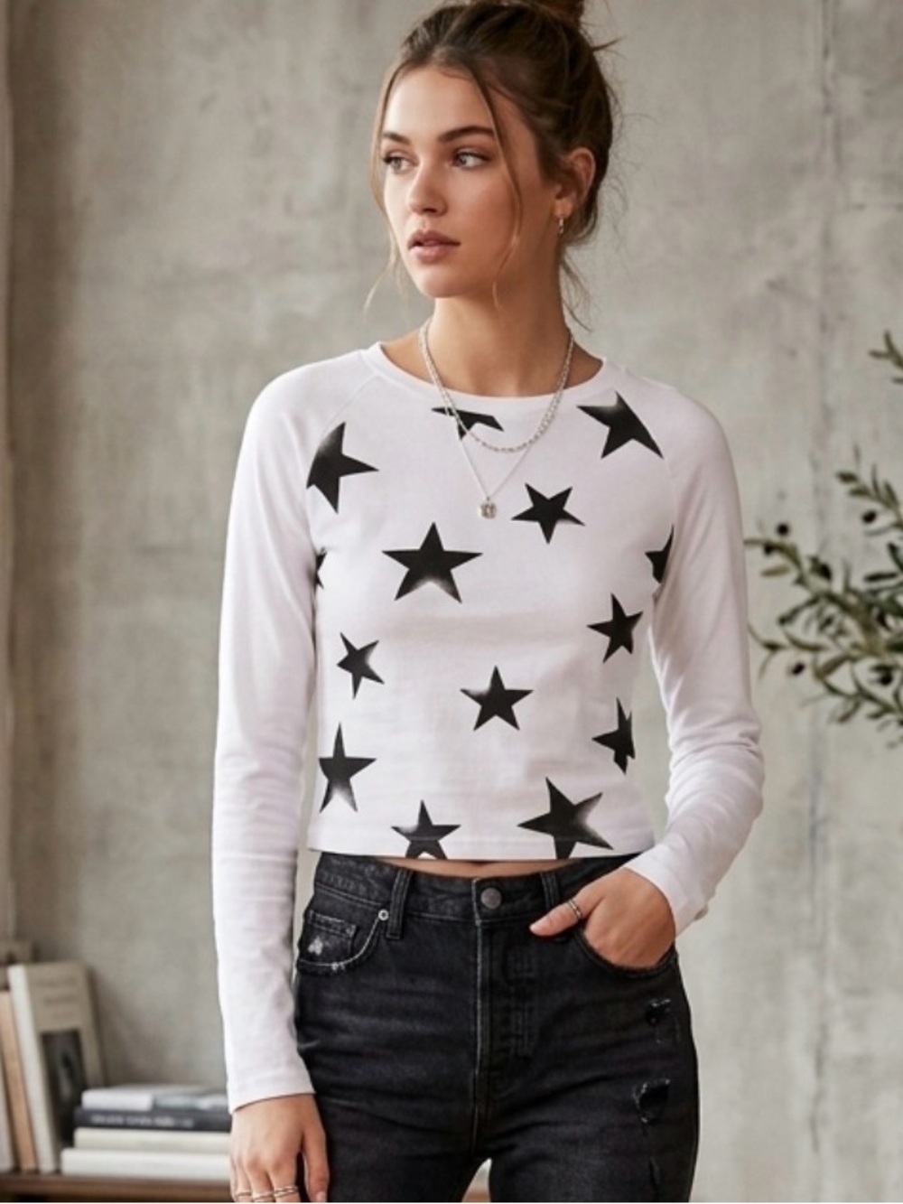 Women's Long Sleeve Top Size M White with Black Stars